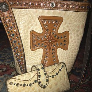 Double J Saddlery Crocodile Bucket Swarovski Crystal Cross Bucket Purse & Wallet